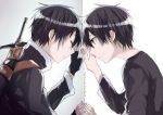  black_hair closed_eyes coat dual_persona eyes_closed fingerless_gloves gloves jianmo_sl kirito long_sleeves merry_christmas multiple_boys sheath sheathed short_hair smile sword sword_art_online tears translated translation_request weapon 