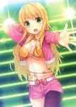  belly_chain blonde_hair breasts cool_&amp;_sexy_(idolmaster) green_eyes hoshii_miki idolmaster large_breasts long_hair open_mouth pantyhose shiva_(executor) shorts solo 