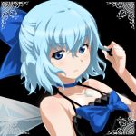  album_cover alternate_costume bare_arms bare_shoulders black_dress blue_eyes blue_hair bow bust choker cirno collarbone cover dress gem hair_bow hand_in_hair highres jewelry lips looking_at_viewer necklace pendant short_hair sleeveless sleeveless_dress solo touhou tsukimido wings 