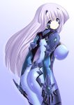  absurdres ass blue_eyes bodysuit breasts highres inia_sestina large_breasts lavender_hair long_hair looking_back muvluv muvluv_alternative muvluv_total_eclipse solo yakkey 