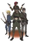  2girls ahoge black_hair blonde_hair face_mask fate/zero fate_(series) goggles goggles_on_forehead goggles_on_head green_eyes gun helmet kayneth_archibald_el-melloi lancer_(fate/zero) long_hair military military_uniform multiple_boys multiple_girls payot pin_karo red_hair redhead saber short_hair sola-ui_nuada-re_sophia-ri uniform weapon 