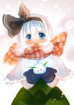  blue_eyes blush capelet hair_ribbon hairband konpaku_youmu mittens open_mouth ribbon short_hair silver_hair skirt smile snow snow_bunny solo touhou vest yutsuka_(amyucca) 