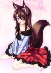  1girl animal_ears bare_legs barefoot blush brooch brown_hair collarbone highres imaizumi_kagerou jewelry open_mouth red_eyes skirt solo tail tears touhou wolf_ears wolf_tail 