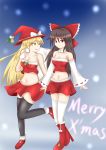  2girls alternate_hat_color black_legwear blonde_hair boots breasts brown_eyes brown_hair choker detached_sleeves hakurei_reimu halter_top halterneck hat highres kirisame_marisa long_hair merry_christmas midriff miniskirt multiple_girls navel sack santa_costume skirt smile strapless thigh-highs thighhighs touhou white_legwear witch_hat 