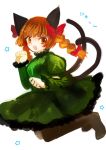  animal_ears boots bow braid brown_legwear cat_ears cat_tail dress green_dress hair_bow kaenbyou_rin long_hair multiple_tails open_mouth pantyhose red_eyes red_hair redhead smile solo tail touhou twin_braids yutsuka_(amyucca) 