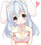  1girl animal_ears blue_hair blush bra breasts bust cleavage heart long_hair looking_at_viewer rabbit_ears simple_background smile solo underwear usashiro_mani violet_eyes white_background 