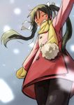  black_hair closed_eyes coat eyes_closed francesca_lucchini grin long_hair mittens pantyhose scarf shiba_murashouji smile snowing solo strike_witches twintails waving 