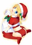  1girl :d blonde_hair blue_eyes copyright_request fang hat looking_back meito_(maze) midriff open_mouth original red_legwear sack santa_costume santa_hat sitting smile solo thighhighs wariza 