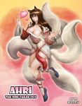  absurdres ahri animal_ears bare_shoulders blush boots braid breasts brown_hair character_name cleavage dated detached_sleeves facial_mark fox_ears fox_tail heart highres league_of_legends long_hair multiple_tails oz_(gerbera7) single_braid solo tail yellow_eyes 