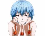  ayanami_rei baileyley bare_shoulders blue_hair chin_rest expressionless frills neon_genesis_evangelion red_eyes short_hair solo white_background 