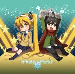  ahoge akita_neru animal_ears bike_shorts black_hair blonde_hair blush boombox brown_eyes caffein cat_ears cellphone character_request headphones highres long_hair musical_note necktie open_mouth phone short_hair side_ponytail skirt smile sweater vocaloid yellow_eyes 