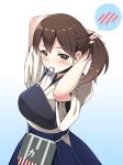  1girl blush brown_eyes brown_hair gradient gradient_background japanese_clothes kaga_(kantai_collection) kantai_collection looking_at_viewer mouth_hold muneate personification ren_san short_hair solo spoken_blush tying_hair 