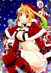  3girls alvin_(tales_of_xillia) bag bell blue_background christmas elise_lutus gift honey_(sango211) jude_mathis leia_roland milla_maxwell multiple_boys multiple_girls red_nose rowen_j._ilbert santa_costume snow tales_of_(series) tales_of_xillia 