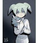  bunny fei_rune green_eyes green_hair inazuma_eleven_(series) inazuma_eleven_go inazuma_eleven_go_chrono_stone male mizuhara_aki pillarboxed plush_toy rabbit ribbed_sweater solo sweater turtleneck 