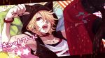  blonde_hair bracelet earrings fang hair_over_one_eye hoodie jewelry nail_polish necklace nico_nico_douga pillow short_hair solo yamako_(artist) 