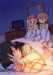  3girls akiyama_mio alternate_hairstyle barefoot black_eyes black_hair blonde_hair blush brown_eyes brown_hair camera grin gunjima_souichirou hairband highres hime_cut k-on! kotobuki_tsumugi long_hair multiple_girls open_mouth short_hair sleeping smile tainaka_ritsu very_long_hair 