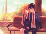  1girl asuna_(sao) bench black_hair blazer blush brown_hair closed_eyes couple eyes_closed flower im_(inuboe) kirito long_hair long_sleeves necktie ribbon school_uniform short_hair sitting skirt sword_art_online tree 