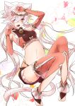  animal_ears bell blush bridal_gauntlets cat_ears cat_tail detached_sleeves fang hair_ornament halterneck highres long_hair low_twintails midriff navel original sakuragi_ren solo tail thigh-highs thighhighs white_hair wink yellow_eyes 