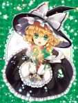  apron blonde_hair bow braid green_eyes hat hat_bow highres kirisame_marisa long_hair ribbon single_braid solo star touhou usaki waist_apron witch_hat 