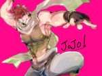  abs bare_shoulders brown_hair fingerless_gloves gloves green_eyes grin jojo_no_kimyou_na_bouken joseph_joestar_(young) midriff muscle scarf smile solo winora 