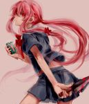  blood bow cellphone gasai_yuno hair_bow holding_cellphone holding_knife long_hair looking_back mirai_nikki naru_(andante) payot phone pink_hair red_eyes school_uniform skirt solo twintails 