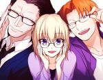  2boys bespectacled black_eyes black_hair blonde_hair caster_(fate/zero) casual danbi2021 fate/apocrypha fate/zero fate_(series) glasses jeanne_d&#039;arc_(fate/apocrypha) jeanne_d'arc_(fate/apocrypha) multiple_boys orange_hair purple_eyes ruler_(fate/apocrypha) uryuu_ryuunosuke violet_eyes wink 