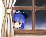  &gt;:( blue_hair blush curtains face food fruit hat hinanawi_tenshi leaf long_hair nice peach red_eyes snow solo touhou window 