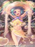  1girl blue_hair blush bow brooch crossed_legs_(standing) jewelry navel open_mouth original outstretched_arms outstretched_hand piro_(artist) rainbow short_hair skirt smile solo violet_eyes wink 