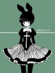  animal_ears aquq_background black_legwear bunny_ears cross flat_color juliet_sleeves long_sleeves monochrome pantyhose petticoat pipimelopopomelo puffy_long_sleeves puffy_sleeves rabbit_ears ribbon_choker simple_background solo striped sumeragi_hokuto title_drop tokyo_babylon vertical_stripes 