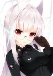  adjusting_glasses animal_ears blush breasts glasses gloves heidimarie_w_schnaufer highres hirschgeweih_antennas lips long_hair looking_at_viewer military military_uniform mogu red_eyes smile solo strike_witches uniform white_hair 