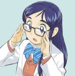  adjusting_glasses blazer blue_eyes blue_hair blush futari_wa_precure glasses gonta_(kmga) labcoat long_hair open_mouth precure ribbon school_uniform solo yukishiro_honoka 