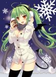  :d bat_wings black_legwear breasts cardigan cleavage coffee demon_girl demon_tail earmuffs fang green_hair horns large_breasts long_hair looking_at_viewer naked_cardigan no_panties open_mouth original saeki_hokuto scarf smile snowflakes solo sweater tail thigh-highs thighhighs twintails wings yellow_eyes 
