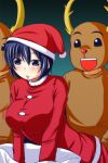  animal_costume antlers blue_eyes blue_hair breasts hat highres impossible_clothes impossible_shirt nishi_koutarou open_mouth original reindeer_costume sack santa_costume santa_hat smile 