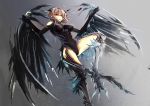  bare_shoulders bodysuit boots breasts brown_eyes brown_hair claws clothed_navel harpy highres muso-comet original wings 