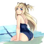  1girl blonde_hair blue_eyes highres long_hair original peperoncirno school_swimsuit sitting swimsuit twintails two_side_up 
