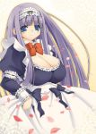  blue_eyes bowtie breasts cleavage copyright_request female hotori_(sion) huge_breasts long_hair maid petals purple_hair ribbon smile solo 