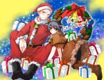  1girl animal_costume antlers bell bell_collar blonde_hair blue_eyes blue_hair blush christmas collar gift gloves hat hiitako persona persona_4 reindeer_costume santa_costume santa_hat shirogane_naoto short_hair tatsumi_kanji 