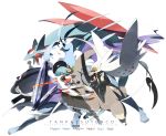  altaria bladon blue_hair character_request fingerless_gloves gloves hat highres hinanawi_tenshi long_hair magnezone pokemon red_eyes salamence siirakannu solo suicine suicune swinging sword togekiss touhou weapon 