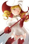  ace_(hyper_otintin_time) blonde_hair blush breasts cape cleavage dress drill_hair gloves hair_ornament hat highres large_breasts long_hair mahou_shoujo_madoka_magica smile solo thigh-highs thighhighs tomoe_mami twin_drills twintails wand wink witch witch_hat yellow_eyes 