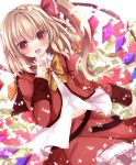  alternate_costume blonde_hair blush dress fang flandre_scarlet flower long_hair looking_at_viewer nanase_nao navel no_hat no_headwear open_mouth red_dress red_eyes side_ponytail solo touhou wings 