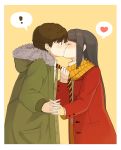  1boy 1girl black_hair blush brown_hair closed_eyes coat couple eyes_closed heart hood interlocked_fingers kiss libert long_hair necktie necktie_pull original short_hair speech_bubble spoken_exclamation_mark spoken_heart 