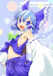  1girl alternate_color armpits ascot blue_background blue_eyes blue_hair bow breasts cirno cosplay detached_sleeves fang gohei hair_bow hair_tubes hakurei_reimu hakurei_reimu_(cosplay) highres looking_at_viewer midriff navel open_mouth polka_dot polka_dot_background short_hair sideboob skirt skirt_set solo touhou wings yrjxp065 