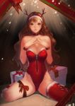  bare_shoulders breasts brown_eyes brown_hair christmas cleavage copyright_request highres instant-ip large_breasts long_hair original parted_lips red_legwear reindeer_antlers revision solo thigh-highs thighhighs 