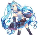  1girl belt blue_eyes blue_hair breasts detached_sleeves hatsune_miku long_hair navel necktie skirt solo thigh-highs twintails very_long_hair vocaloid white_background 