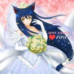 ahri animal_ears bare_shoulders blue_hair blush bouquet breasts bridal_veil character_name cleavage dress elbow_gloves flower fox_ears fox_tail gloves happy_birthday heart jewelry league_of_legends long_hair low-tied_long_hair multiple_tails petals ring rose smile solo tail tears tonnelee veil very_long_hair wedding_dress wedding_ring yellow_eyes yellow_rose 