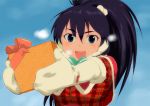  blue_eyes cif ganaha_hibiki gift gloves idolmaster long_hair ponytail smile solo 