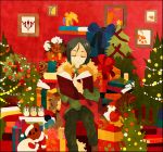  black_hair book cape christmas christmas_tree command_spell fate/zero fate_(series) gift green_hair hat kuroihato santa_hat solo stuffed_animal stuffed_toy teddy_bear waver_velvet 