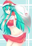  1girl alternate_hair_color blue_eyes blush breasts frog_hair_ornament hair_ornament hat impossible_clothes impossible_shirt kochiya_sanae large_breasts long_hair midriff miniskirt navel sack santa_costume santa_hat skirt solo touhou 