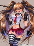  belt breasts brown_hair chain chains collar junketsu_duelion mataro midriff navel necktie official_art open_mouth simple_background skirt solo striped striped_legwear suspenders thigh-highs thighhighs twintails yellow_eyes 