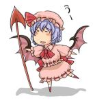  blue_hair chibi dress hat lowres polearm remilia_scarlet solo spear spear_the_gungnir standing_on_one_leg sunaipu_(age-zero) touhou weapon wings 